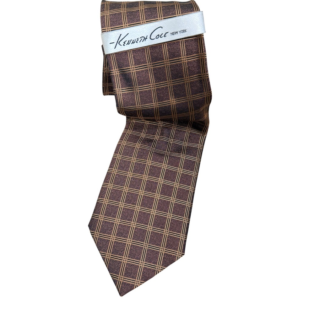 Kenneth Cole 100% Silk Necktie Men Brown Plaid Geometric Professional Classic